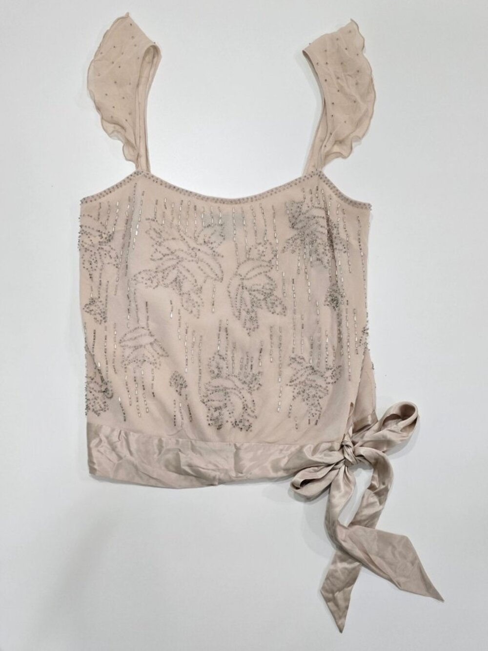 Express ✦ Silk Ruffle Sleeve Blouse ✦ Side Tie Beaded Embellished Floral XS - Picture 6 of 11